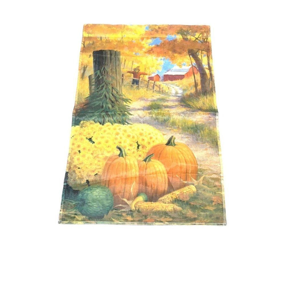 Large Garden Flag Fall Pumpkin Scarecrow Mums Flowers Barn Multi Colored 25”X37”